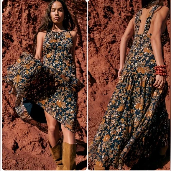 Sézane Titania Silk Maxi Dress Navy Gold Floral Open Back Size FR 34 / US 2 - Picture 2 of 13